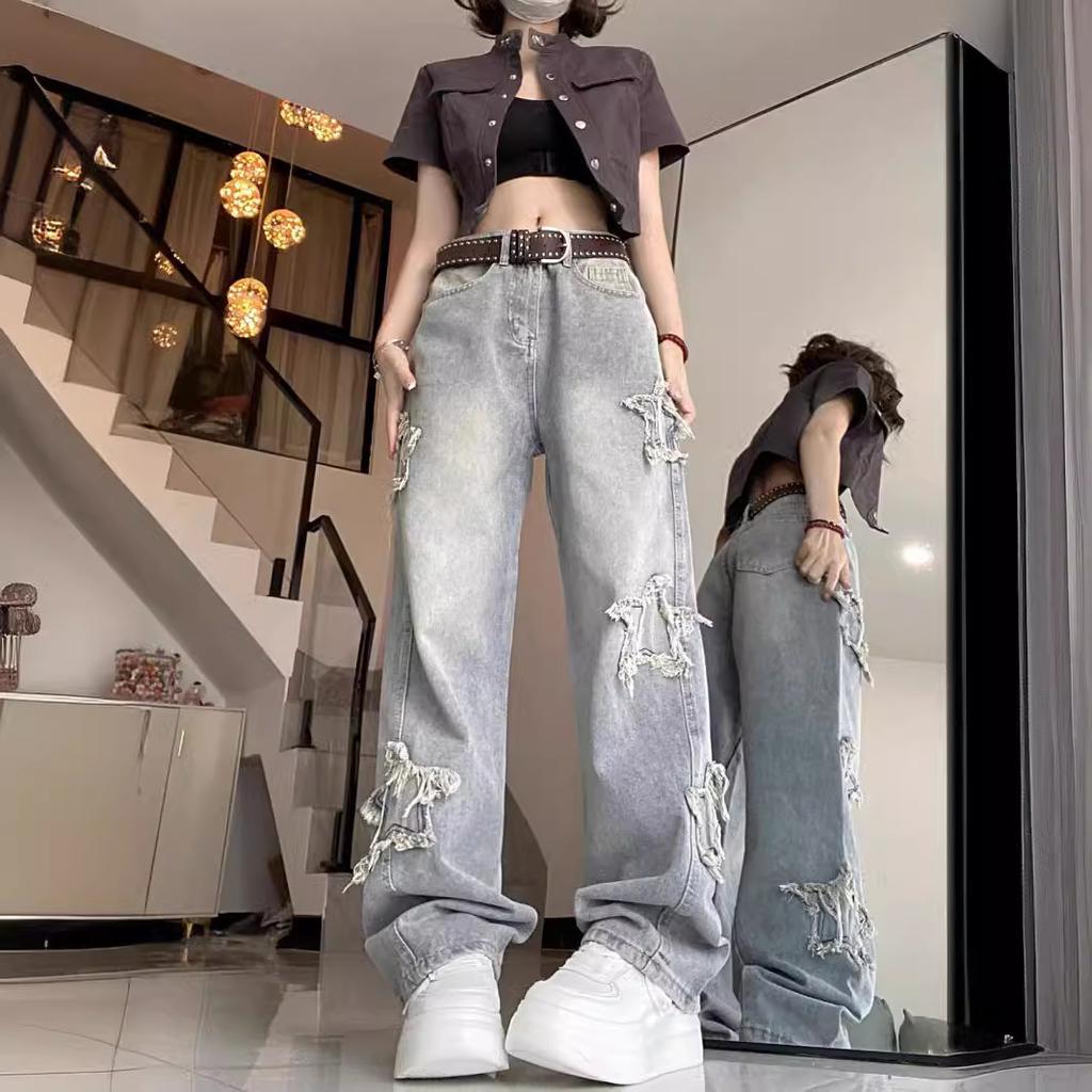 Ретро Звезда Синие джинсы Женские Корейские Ins Высокая талия Прямые Широкие Брюки Tide Мешковатые Джинсы Женские