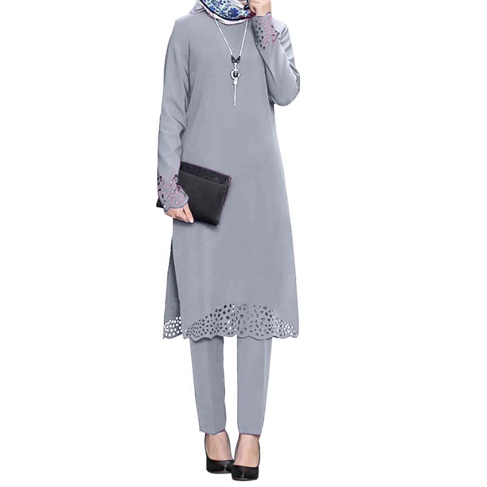 Женский мусульманский комплект одежды Абая Блузка с длинным рукавом Брюки Исламский кафтан Наряды Костюм EMA