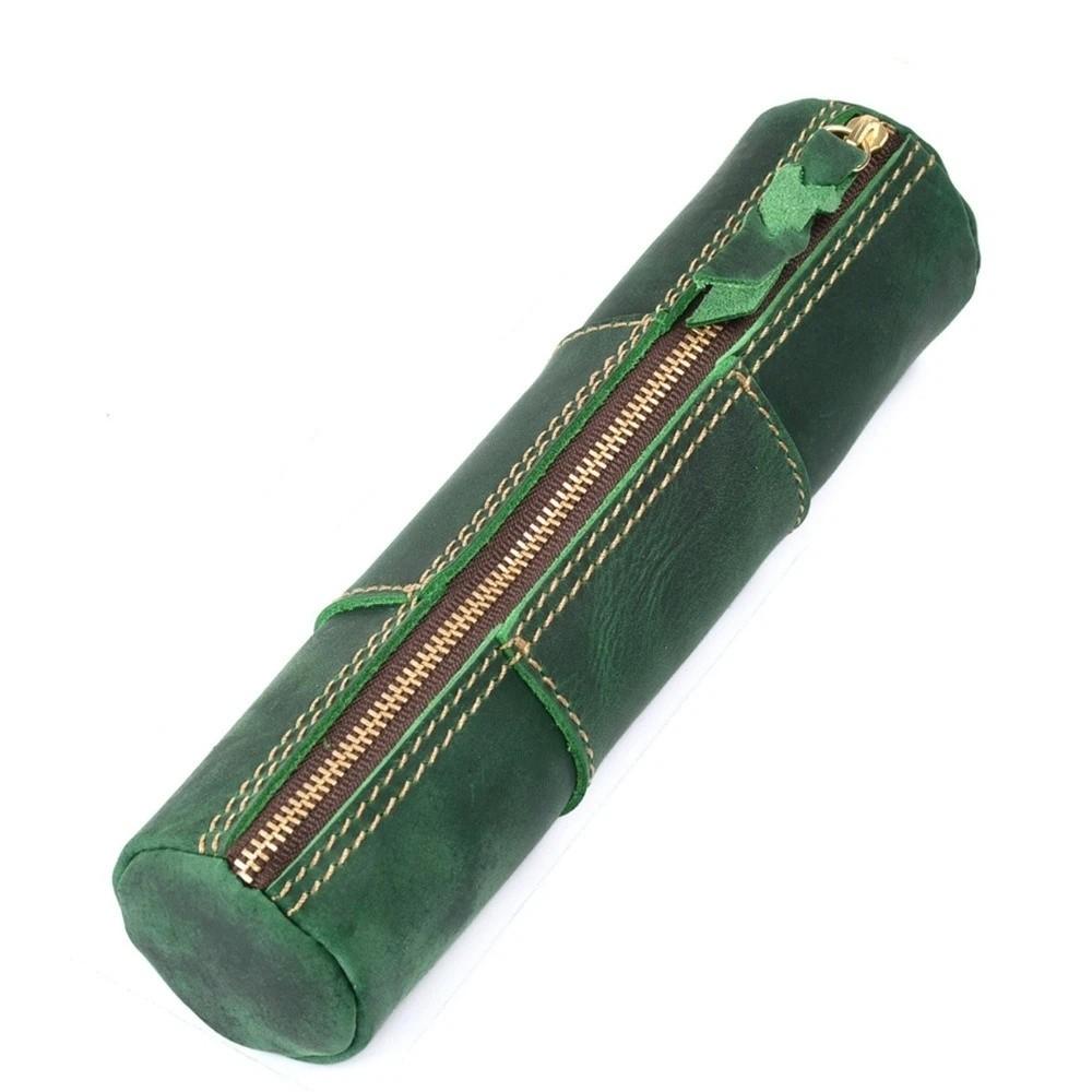 Genuine Cowhide Leather Pencil Case Retro Zipper Pencil Holder Storage Pouch Stationery Storage