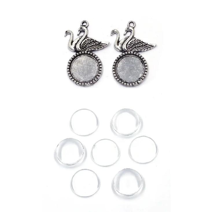 20Sets Silver Tone Swans Round Base Setting Charm Pendants 40x29mm with Cabochon 18mm DIY Necklace Decoration Crafts Supplies
