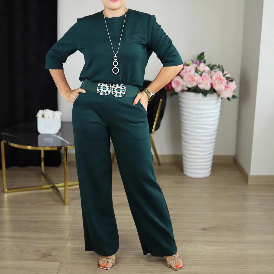 Бежевый комплект из 3 предметов: топ с длинным рукавом свободного кроя и брюки