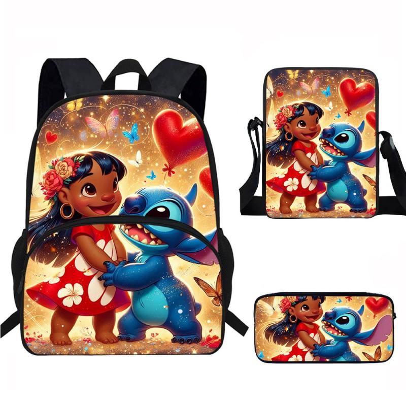 Stitch Kids School Backpack Set Elementary Students Oxford Fabric Ergonomic Design Printed Cartoon 3-Piece Bundle