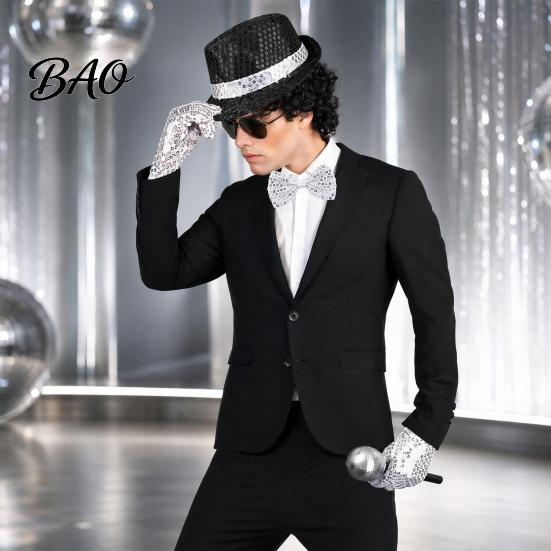 Glitter Sequin Hat Pop Rockstar Costume Set for Adults, Black Sequins Hat, Glasses, Gloves, Classic Design Microphone, Role Play Accessories