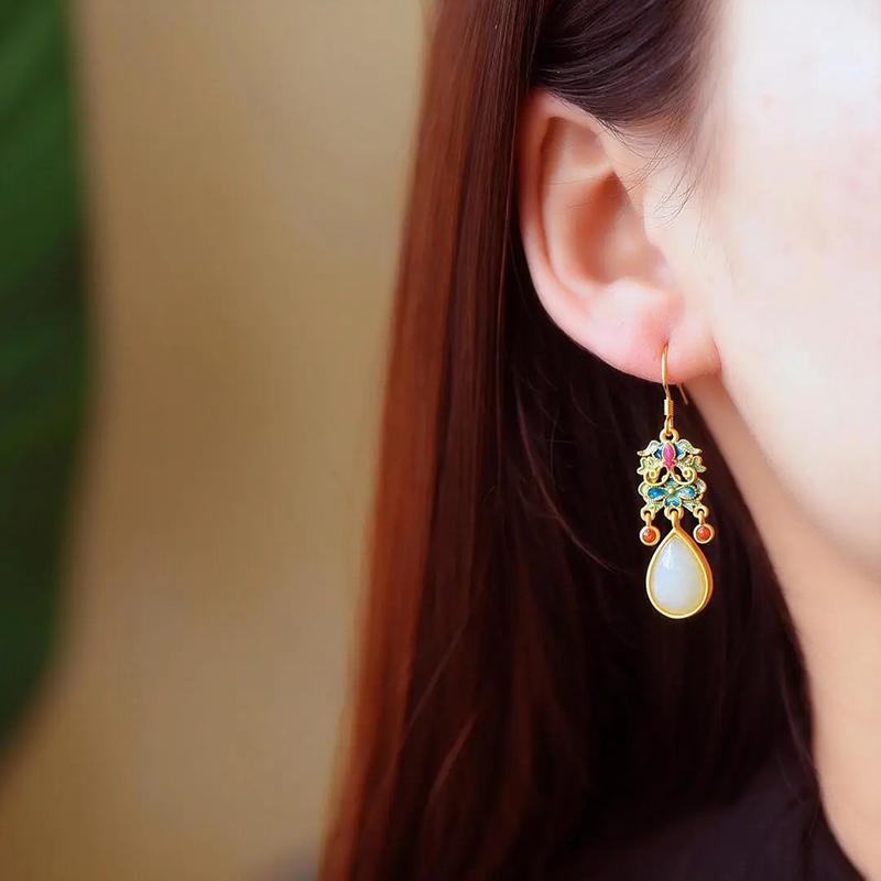 Natural Hetian White Jade Colorful Enamel Porcelain Drop-Shaped Earrings Chinese Retro Light Luxury Charm Women'S  Jewelry