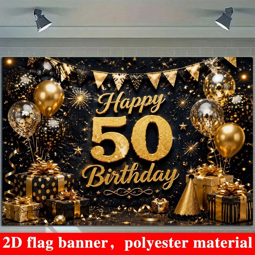 2D Flat Banner, Black and Golden 50th Birthday Backdrop, Shiny Golden Numbers, Balloons, Gift Box