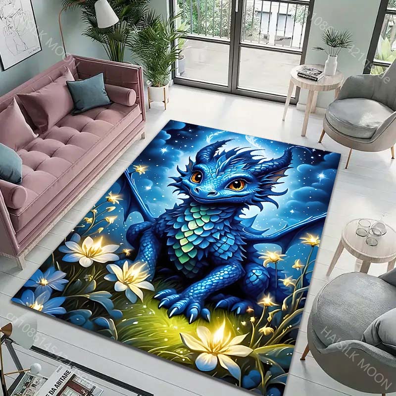 Multiple sizes Blue dragon with glowing flowers Print Carpet Rug for Living Room Bedroom Sofa Doormat Home Decor Non-slip Mat