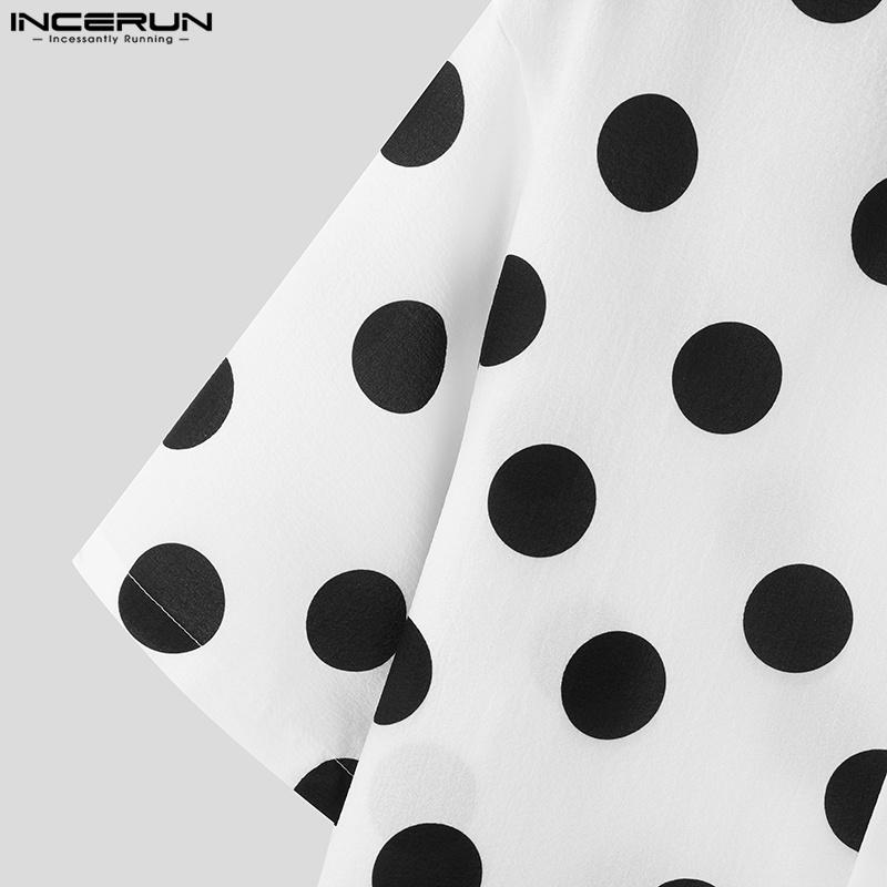 INCERUN Мужские рубашки с отложным воротником и коротким рукавом в горошек, повседневные свободные топы