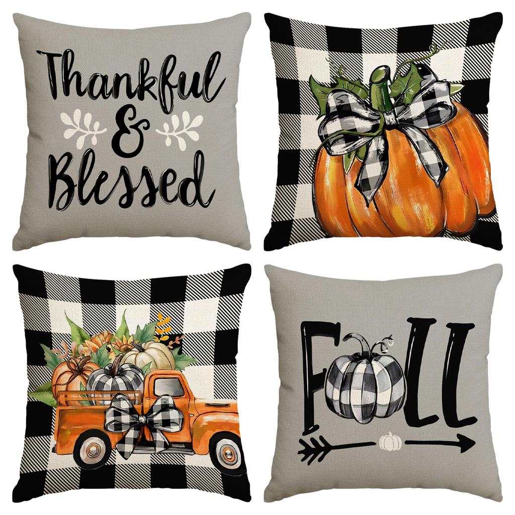 1 \ 4Pcs Autumn Thanksgiving Pillow Cover With Bow Truck Pattern Backrest Cover, Suitable For Room Living Room (No Pillow Core)