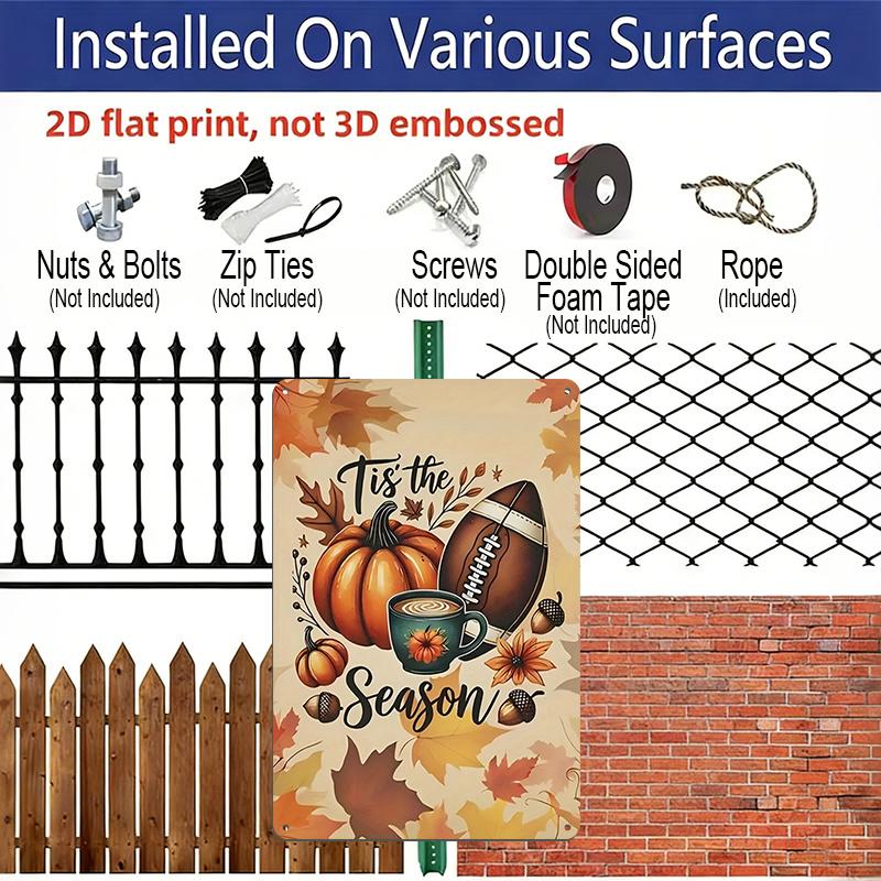 2D Flat Tis The Season Football Pumpkin Coffee Maple Leaf Fall Metal Sign - 8.0x12.0inch Aluminum Wall Art, Rustic Autumn Farmhouse Home Decor