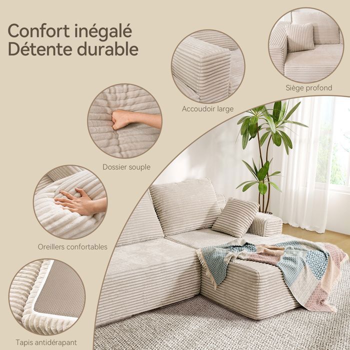 Right corner sofa 263x171x 59cm, free combination, without assembly 4-seater L-shaped sofa with beige corduroy chaise longue