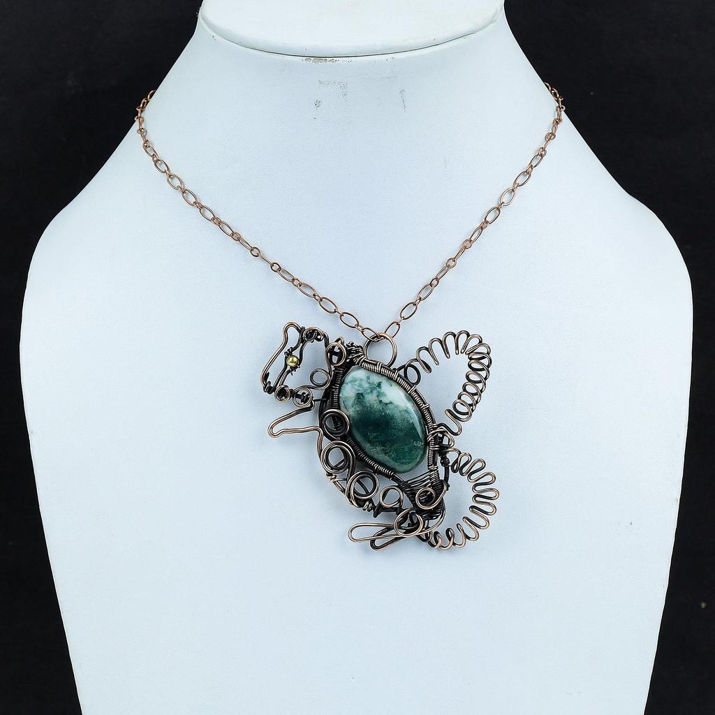 Tree Agate Gemstone Pendant Copper Wire Wrapped Jewelry Rabbit Pendant Handmade Copper Pendant Decent Jewelry Wedding Gift Wire Wrap Pendant