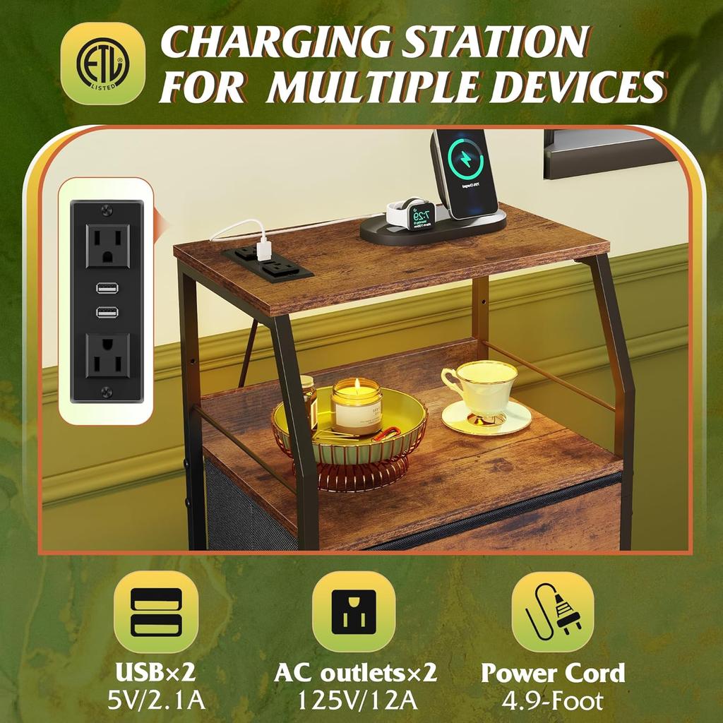 Комод с 4 ящиками, тумбочка высотой 37 дюймов со станцией для зарядки, светодиодной подсветкой, USB и розеткой, тканевыми ящиками, деревянной полкой, рустикальный коричневый