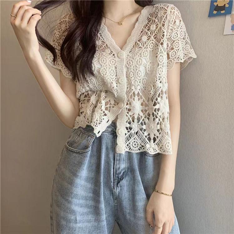 Retro Hook Flower Hollowed Out Short Sleeved Top for Women's Summer Knitwear Versatile Short V-neck Cardigan