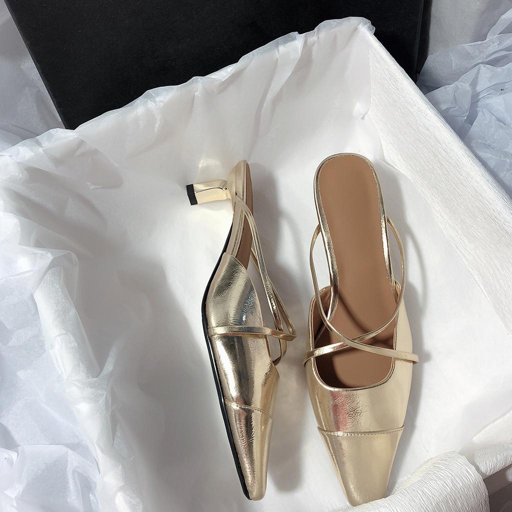 Изысканные туфли на маленьком каблуке, простой темперамент, верхняя одежда, крутые тапочки с завязками на голове, повседневные туфли Muller с одной педалью