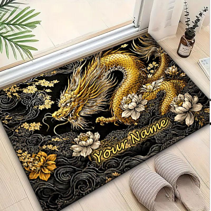 1PC Custom Name Golden Dragon Lotus Art Theme Floor Mat Ideal for Living Room, Game Rooms, Office, Bedroom,Floor Mat Playful Design