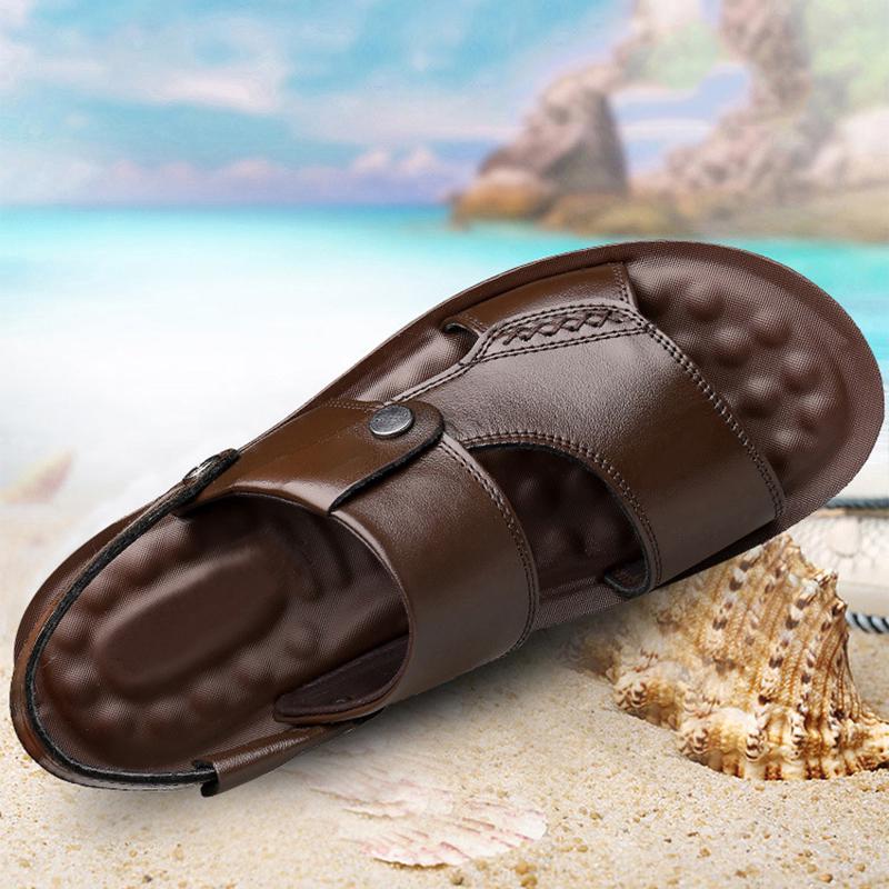 Летние мужские кожаные сандалии Мужская пляжная обувь на толстой подошве Нескользящие сандалии из воловьей кожи с открытым носком