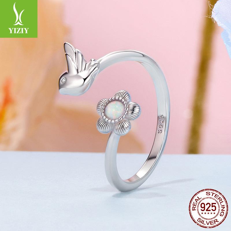 S925 Whole Body Sterling Silver Flower And Bird Open Ring, Versatile Small Exquisite Ring, Bright Silver Ins Style