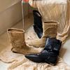 Cowhide Version~ 2025 New Korean Version Leather Pointed Western Cowboy Boots Women's Thick Heel Buckle Short Knight Boots