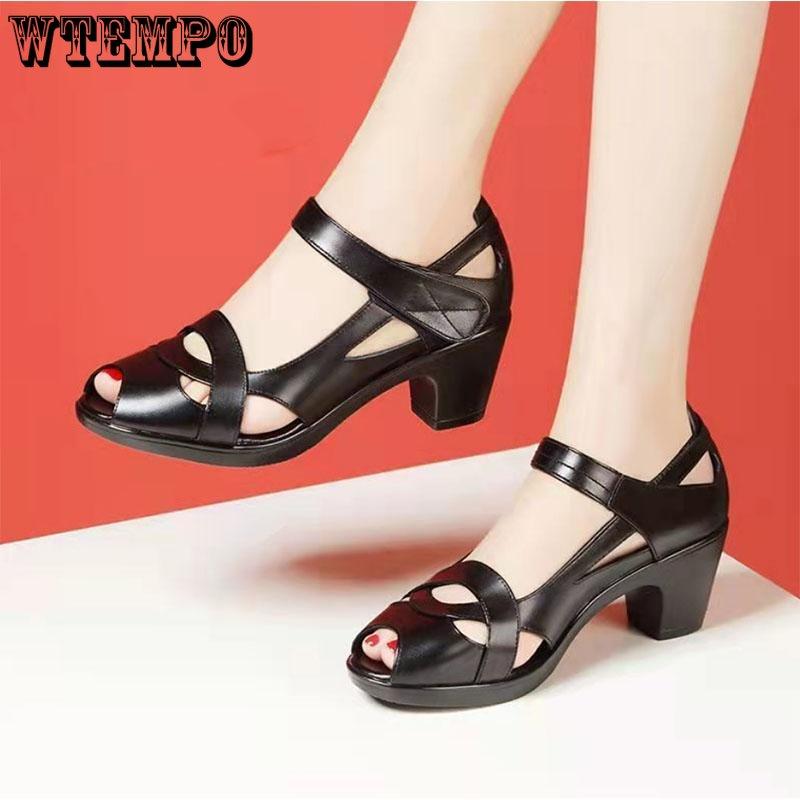 WTEMPO Женские сандалии из натуральной мягкой искусственной кожи, большие размеры, повседневная классная обувь на мягкой подошве, на толстом каблуке и среднем каблуке «рыбий рот»