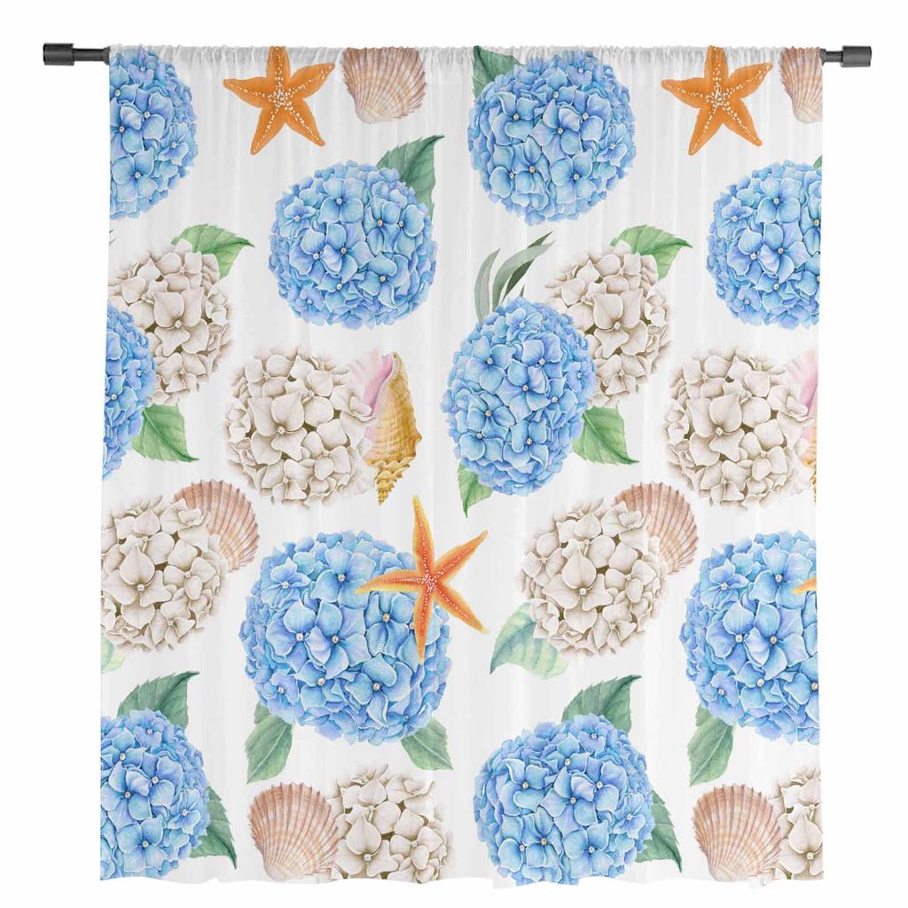 Акварельная гортензия, морская звезда, ракушки, полупрозрачные шторы для декора гостиной, оконные шторы, кухонные тюлевые вуалевые шторы