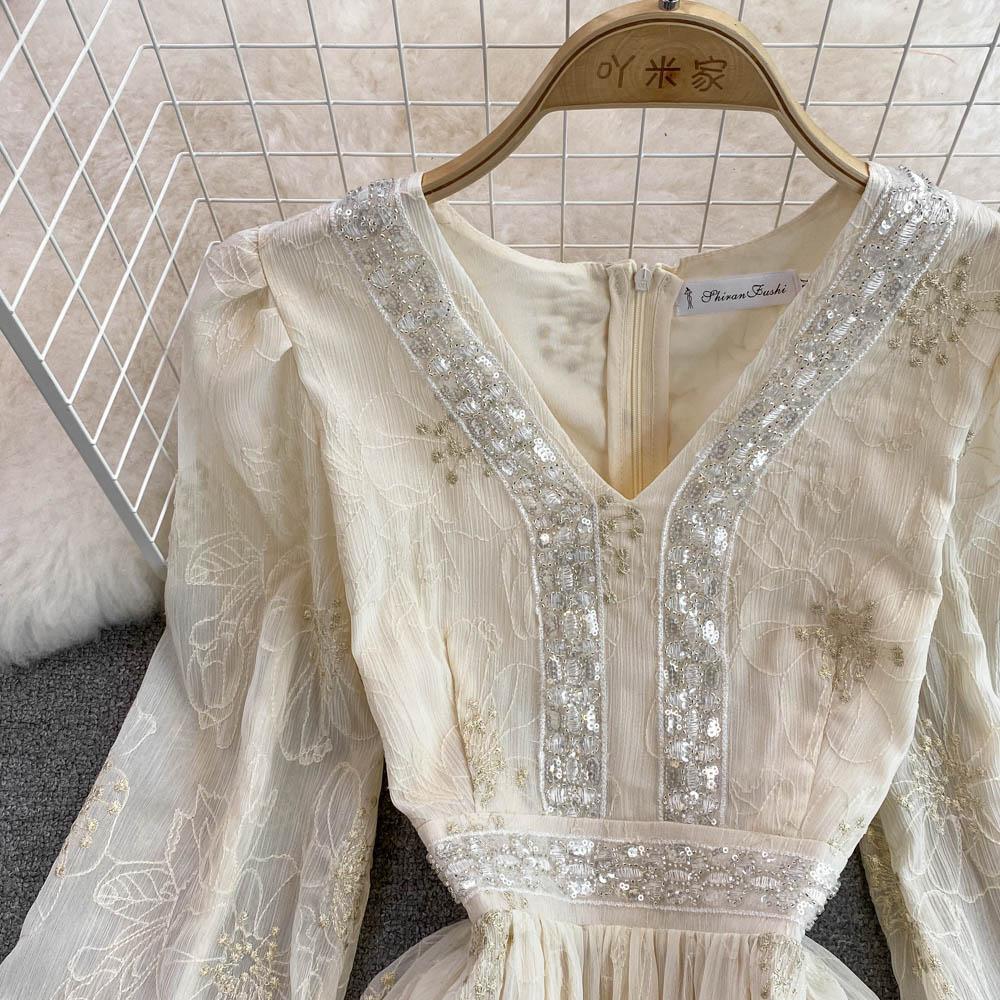 Lente Zachte Wind Temperament Fee Super Xiansen Afdeling Taille Sluiten Dunne Lange Mouwen V-hals Sequin Een-Woord Jurk