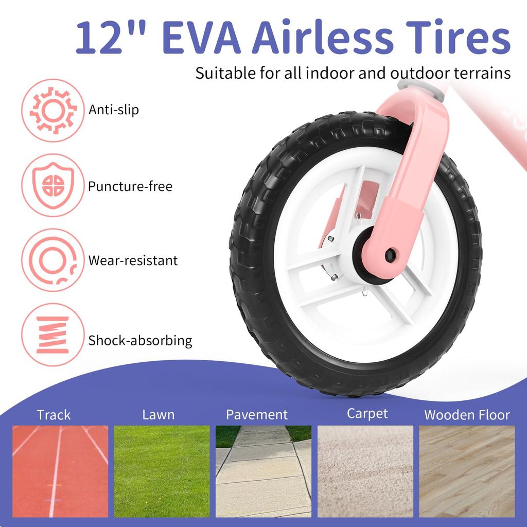 BELEEV Kick Bike, 12-inch, No-Pedal Bike for Ages 2-6, Lightweight & Adjustable Seat & Handlebars, Illuminated Wheels & Carry Strap (Pink)