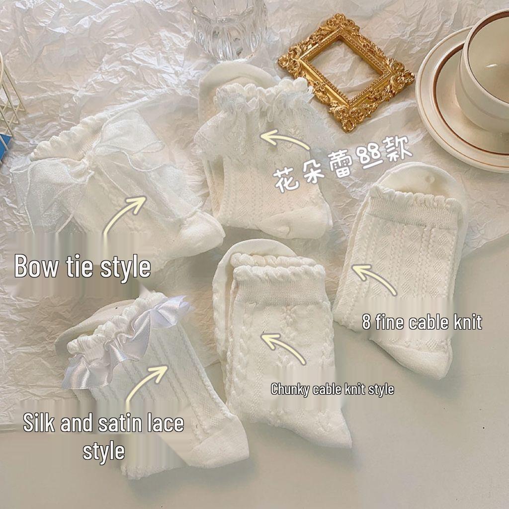 Белые носки до середины икры с кружевом и бантом - Японский школьный стиль, милый дизайн принцессы JK