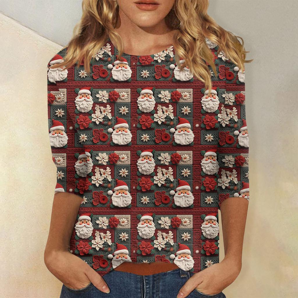Женская модная повседневная футболка с рукавом три четверти и рождественским принтом, с круглым вырезом