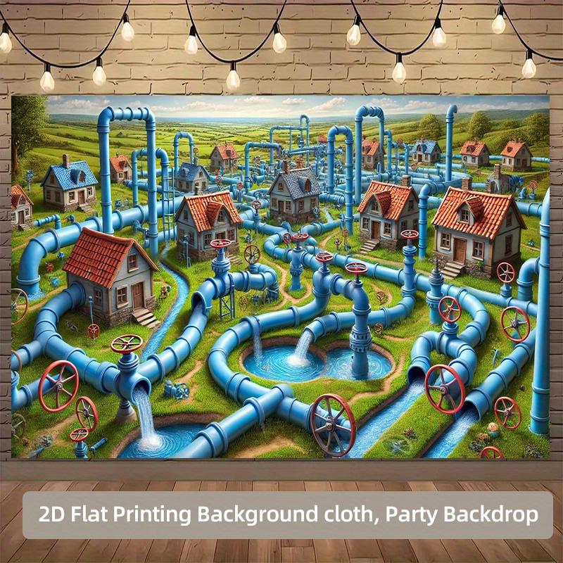 2D plane, industrial-style pipe maze background fabric - blue-green factory scene party decoration, polyester fiber