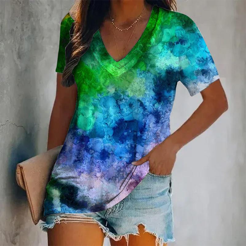 Женская новая футболка с короткими рукавами и V-образным вырезом, цветной принт, короткий рукав, свободный женский топ, дышащая футболка в стиле Y2K