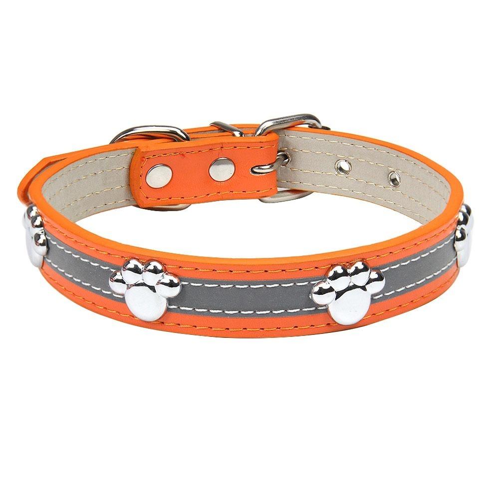 Leather Reflective Dog Collar Adjustable Metal Buckle Rivets Pet Collar Decorative Soft Dog Footprint Collar Pet Supplies