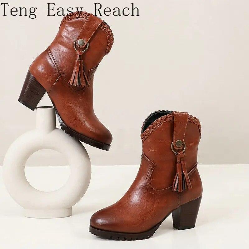 Retro Round Toe Chunky High Heels Brown Womens Boots With Tassel Extra Plus Size 46 47 47 Luxury Woman Shoes Ankle Boots