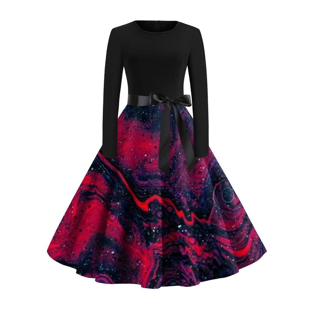 Женское расклешенное платье с принтом для женщин, платье с длинным рукавом, вечерние повседневные платья