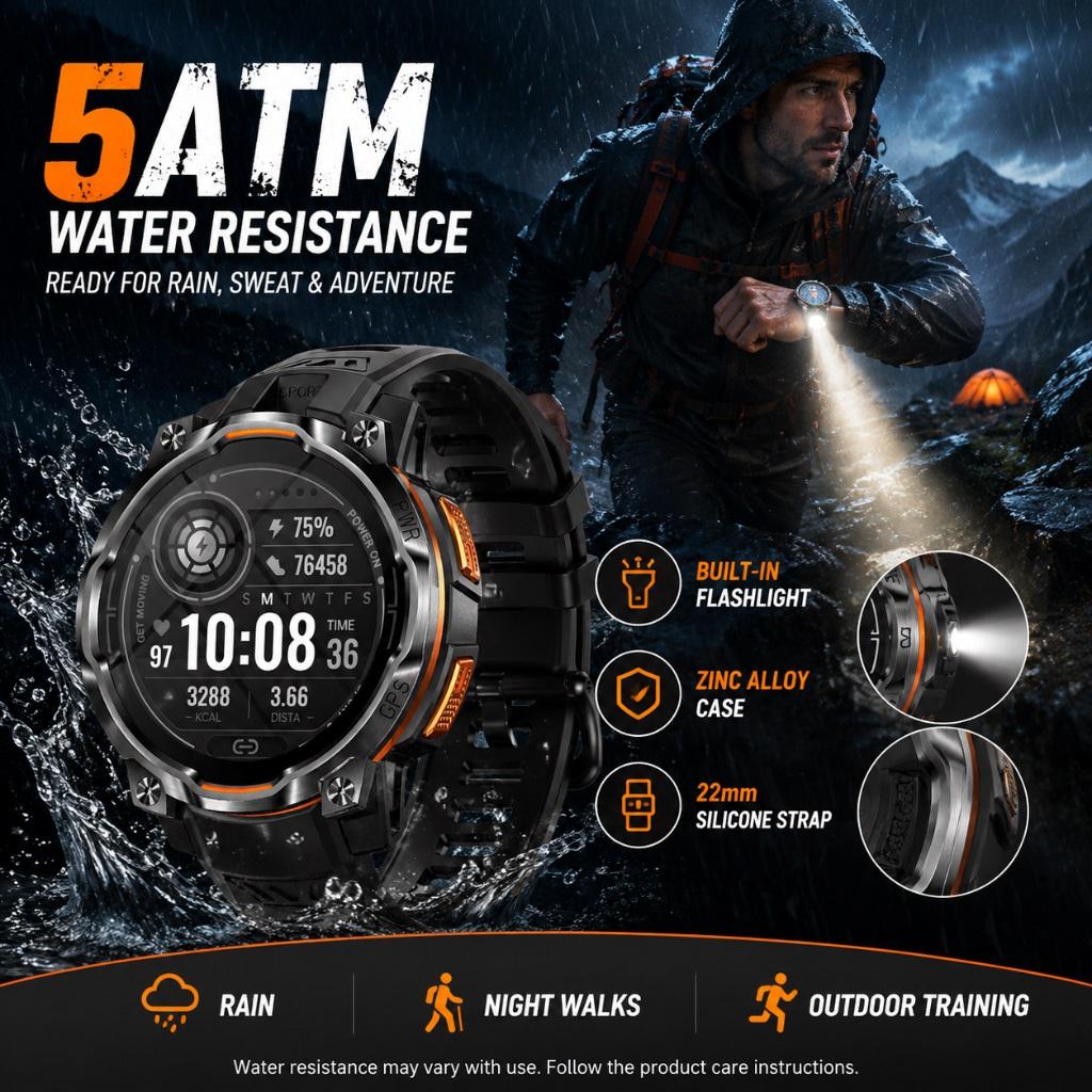 Outdoor Adventure GPS Watch with Offline Maps, Track-Back Navigation, Compass & 1200mAh Battery
