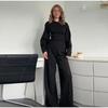 Autumn 2024 Women's Long Sleeve O-Neck Pleated Top & Wide Leg Pants Office Suit