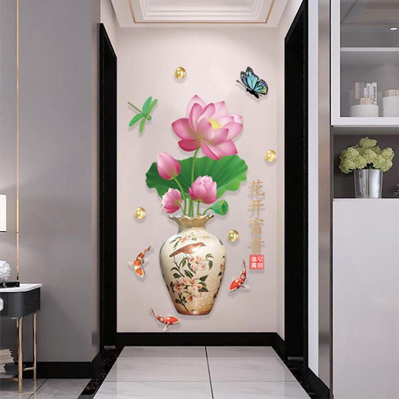 Chinese Style Classical Vase Flower Wall Sticker Rose Lotus Butterfly Decoration Decals Removable Wall Art Home Decor
