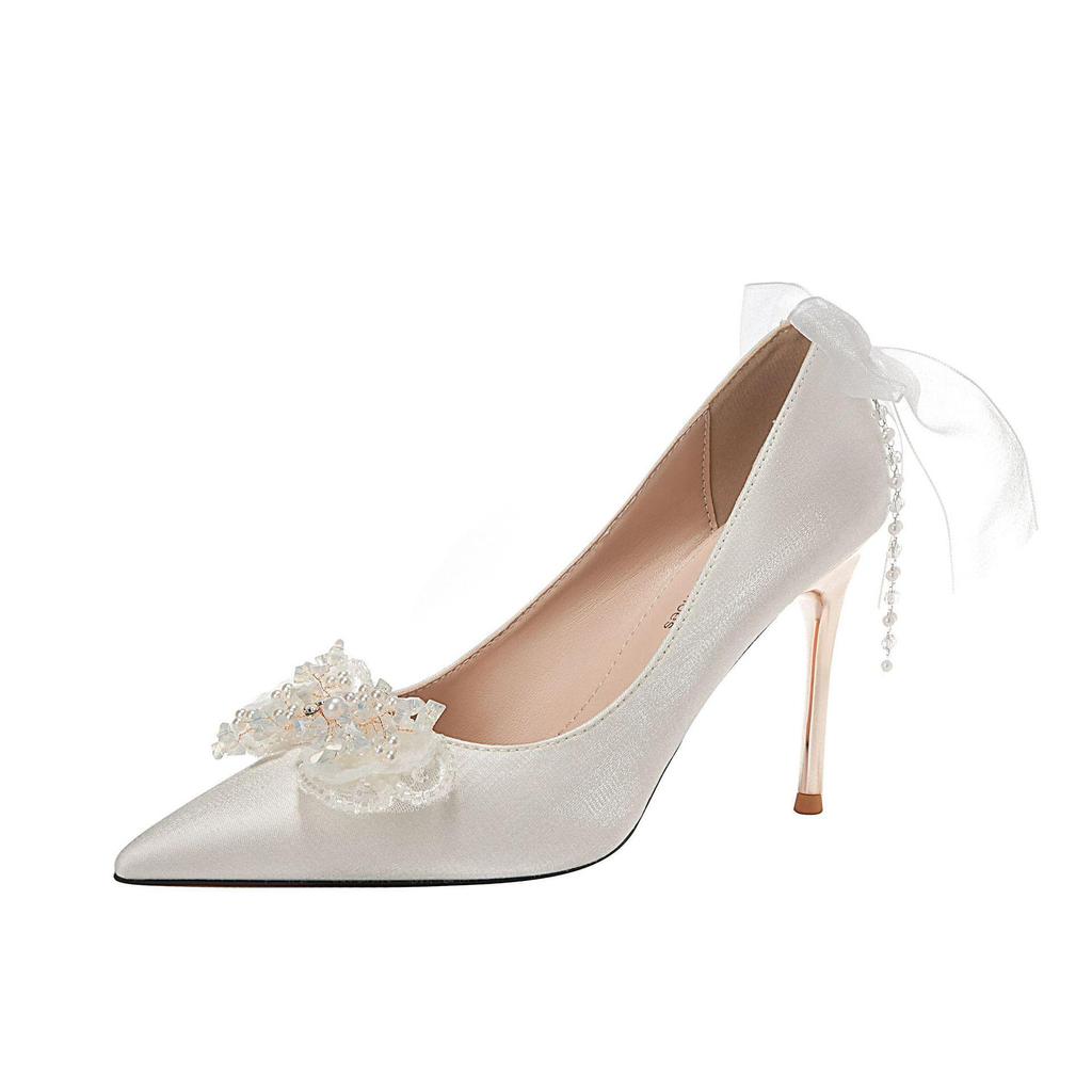 White Satin Stiletto Heels with Rhinestone Bow for Weddings and Banquets