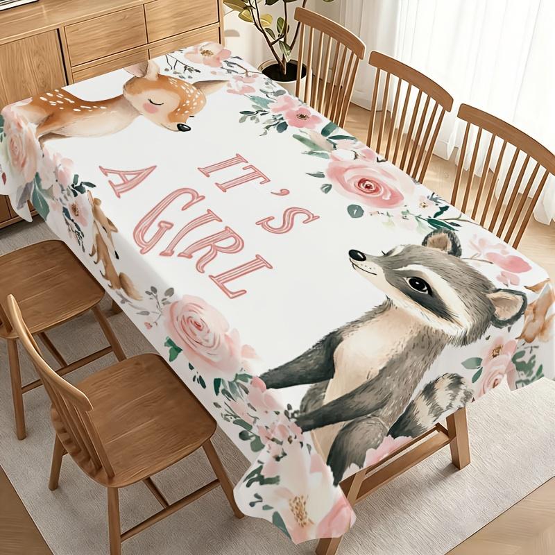 Party Tablecloth/Tablecover "Rustic Forest Baby Shower Tablecloth with Pink Roses, White Deer, Raccoon & Fox, Durable Polyester, No Electricity Needed