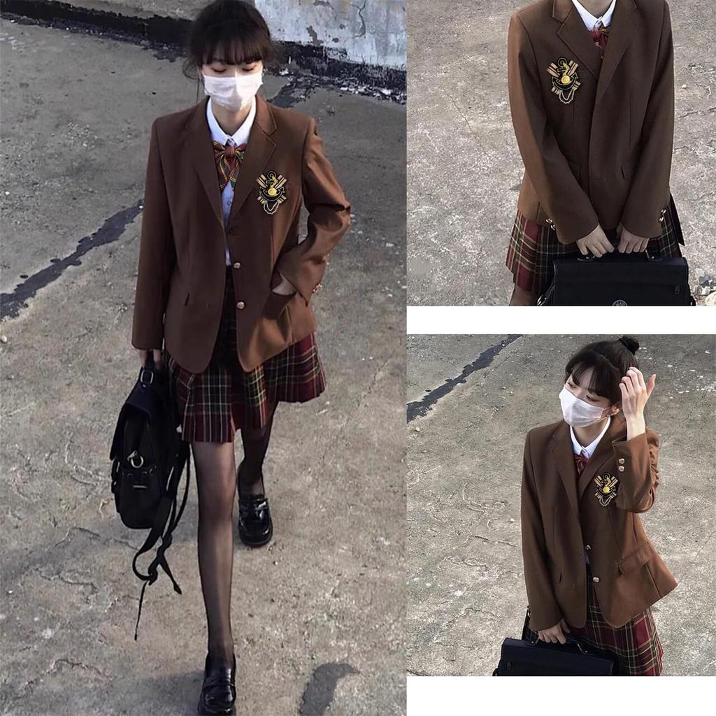 AOTYP High School Girl Uniform Cosplay Costume Ribbon Pleated and Available In Two Navy and Black Size Blazer, 5-Piece Set, Shirt, Skirt, Blazer,