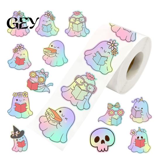 Cute Ghost Decals for Gift Wrapping Gradient Color Stickers Roll, Self-Adhesive Halloween Craft Supplies Kids Decorative Decals, Die-cut Labels