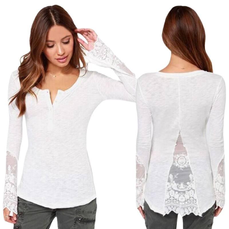 Elegant Lace Stitching Women's T-shirt Slim Fit Long Sleeve Cotton Top