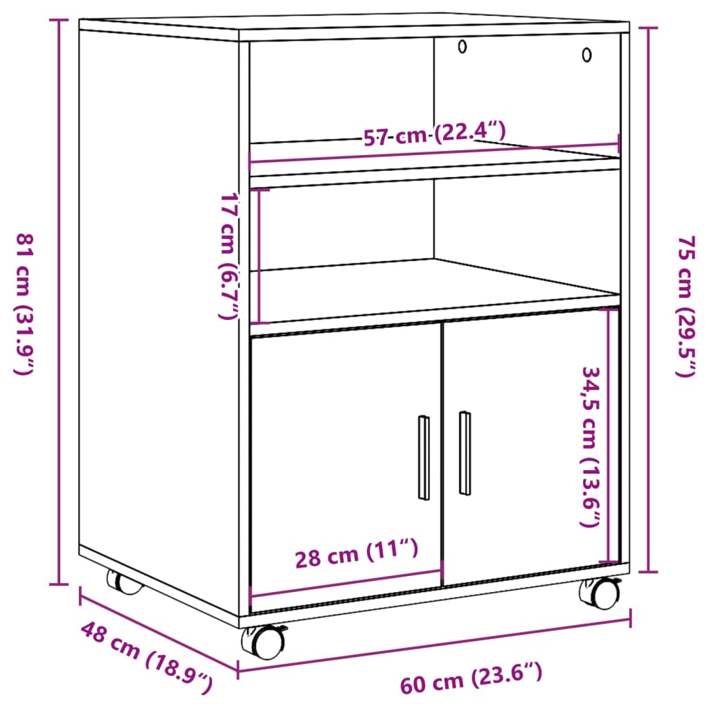 Mobile Cabinet in Grey Sonoma 60 x 48 x 81 cm Particleboard