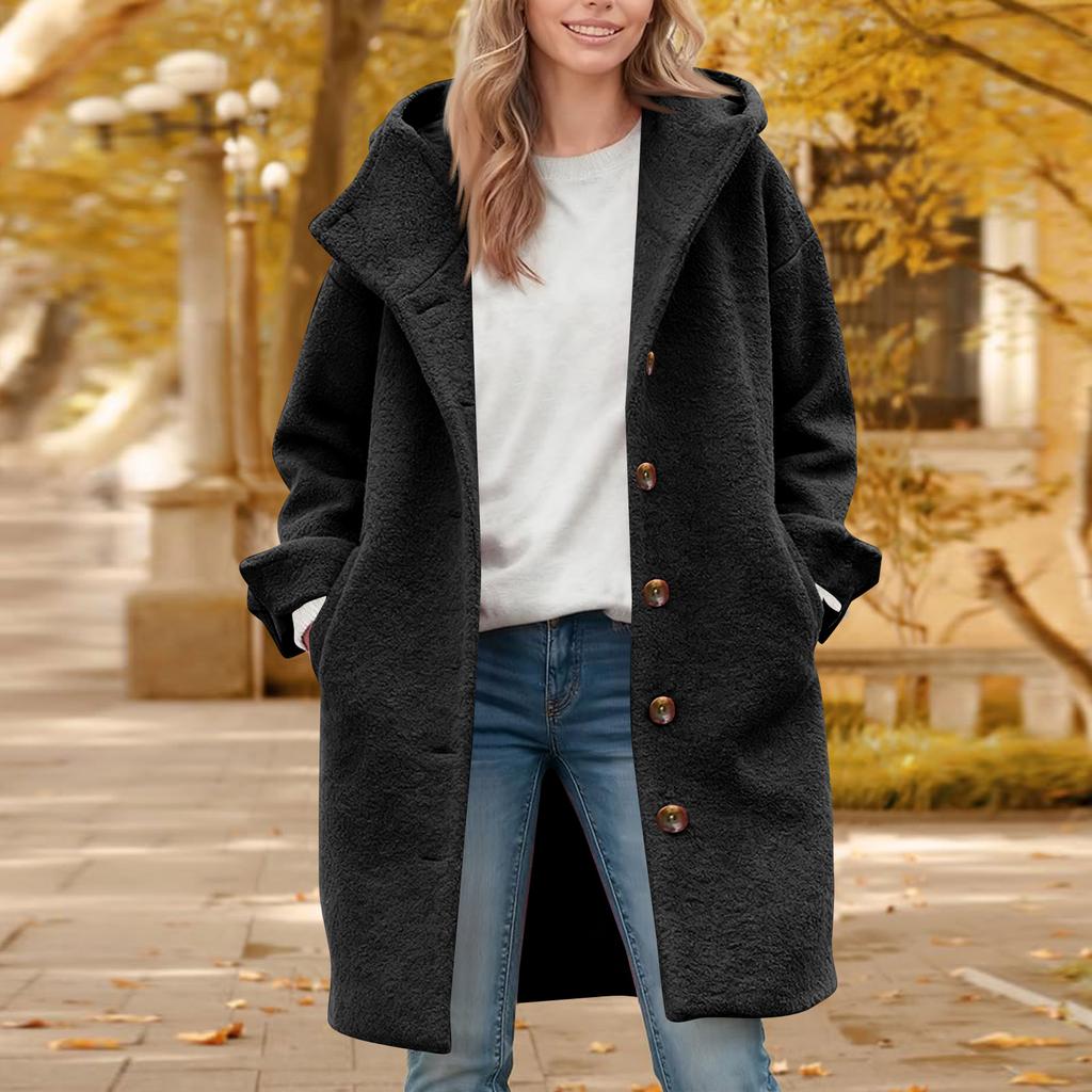 Женская однотонная куртка, повседневное свободное пальто на пуговицах, верхняя одежда на пуговицах с длинными рукавами и карманом, пальто с капюшоном