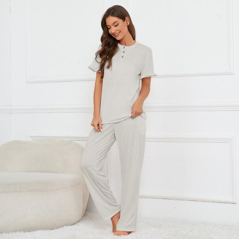 Womens V-Neck Button-Up Short Sleeve Pajama Set With Drawstring Pants Comfortable Lounge Wear
