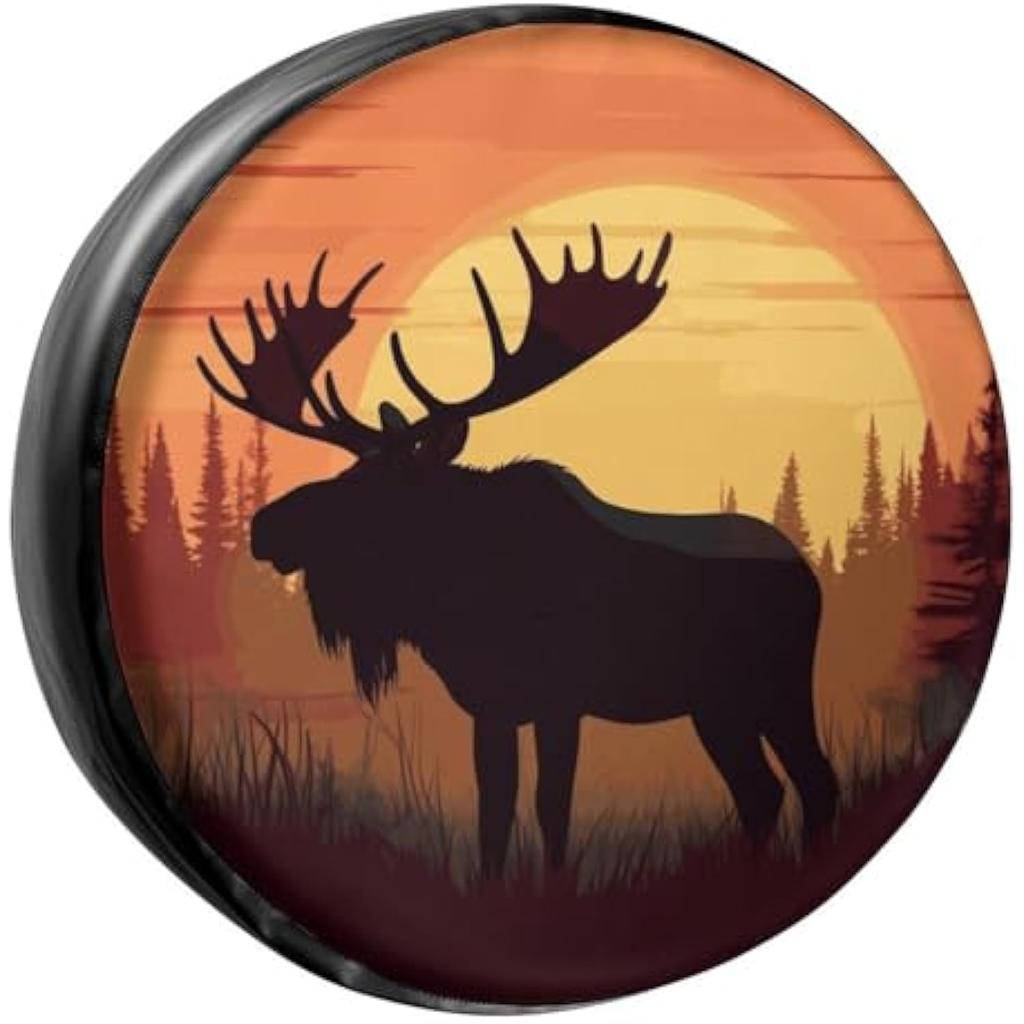 Moose Sunset Silhouette Spare Tire Cover Durable PU Leather Dust-Proof Protector for RV SUV Truck Trailer