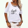 Women Fashion Off Shoulder T-shirt Summer O Neck Short Sleeve Tee Top Pullover Ladies Casual Letter Print T-shirt