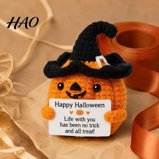 Decorative Pumpkin for Shelves Handmade Crochet Positive with Witch Hat, Fall Boo Basket Stuffer, Cute Halloween Room Decor Mini Knitted Plush