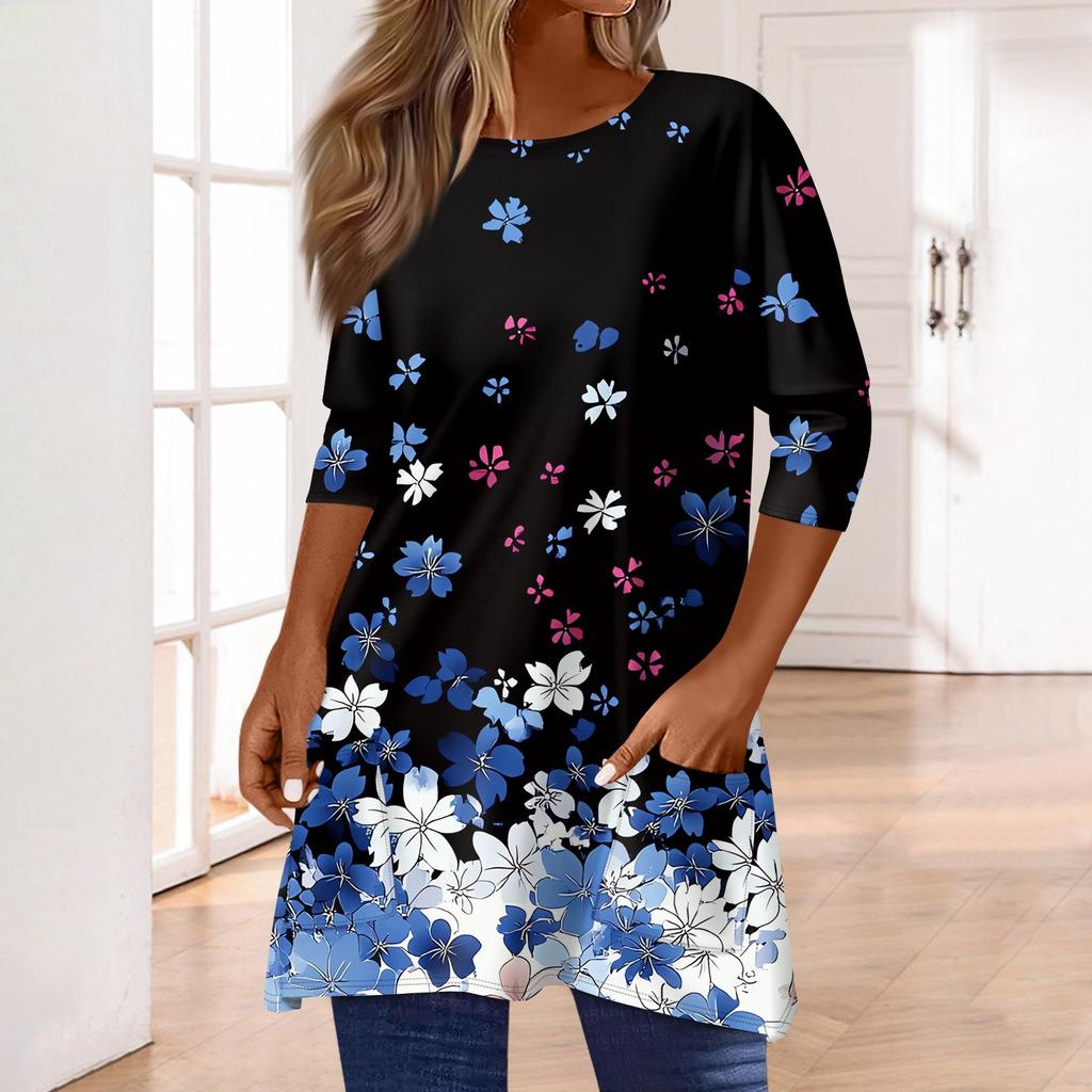 3/4 рукава кармана топы для женщин футболка повседневный принт средней длины топы футболка круглый вырез пуловер блузка