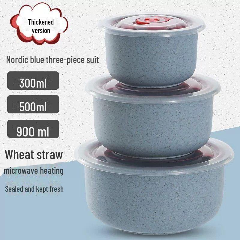 Eco-Friendly Wheat Straw Food Storage Bowl Set with Lids - 3 Pieces, Microwave Safe