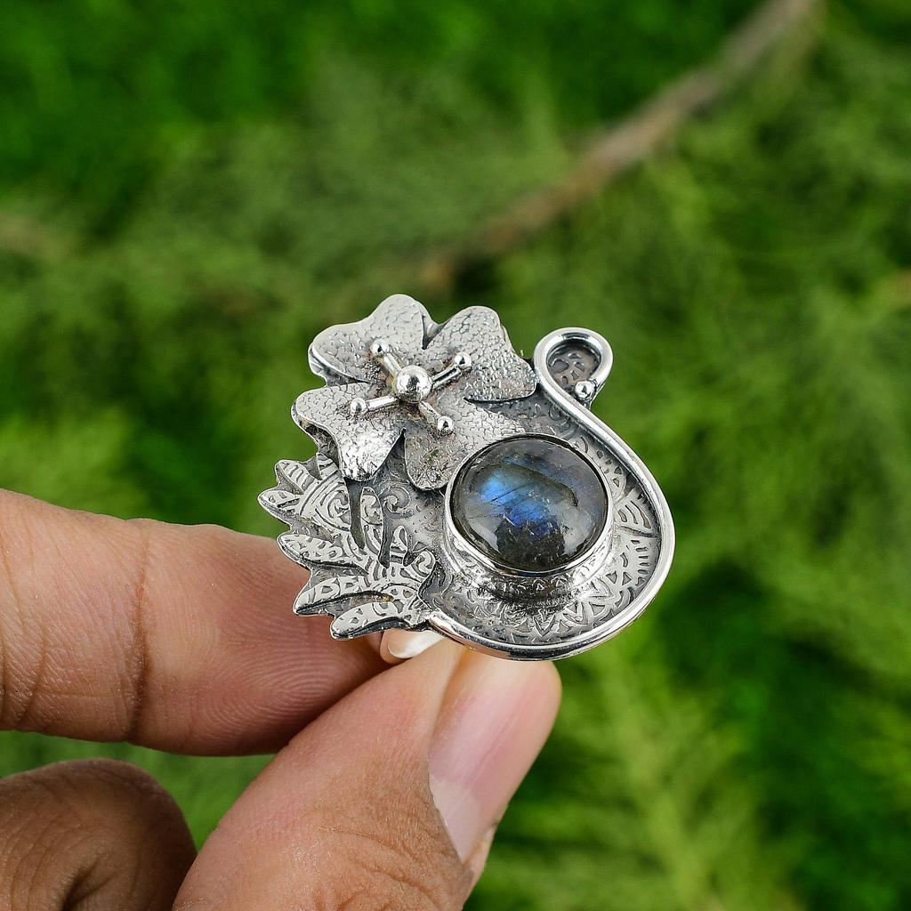 Sterling Silver Labradorite Gemstone Wife Stackable Art Deco Flower Ring Jewelry